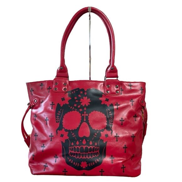 Banned Handbags - Banned Apparel Large Skull Tote Bag Purse Red With Black Details Goth
